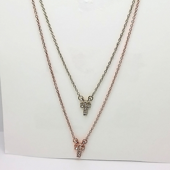 Two TONE DOUBLE strand CROSS PENDENT NECKLACE - Picture 3 of 5